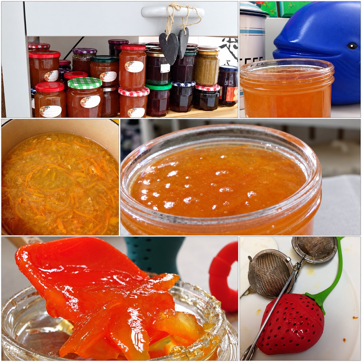 Collage de six photos montrant des pots de confiture maison sur une étagère, de la marmelade d'orange en cours de cuisson et en pot, et une boule à thé en forme de fraise.