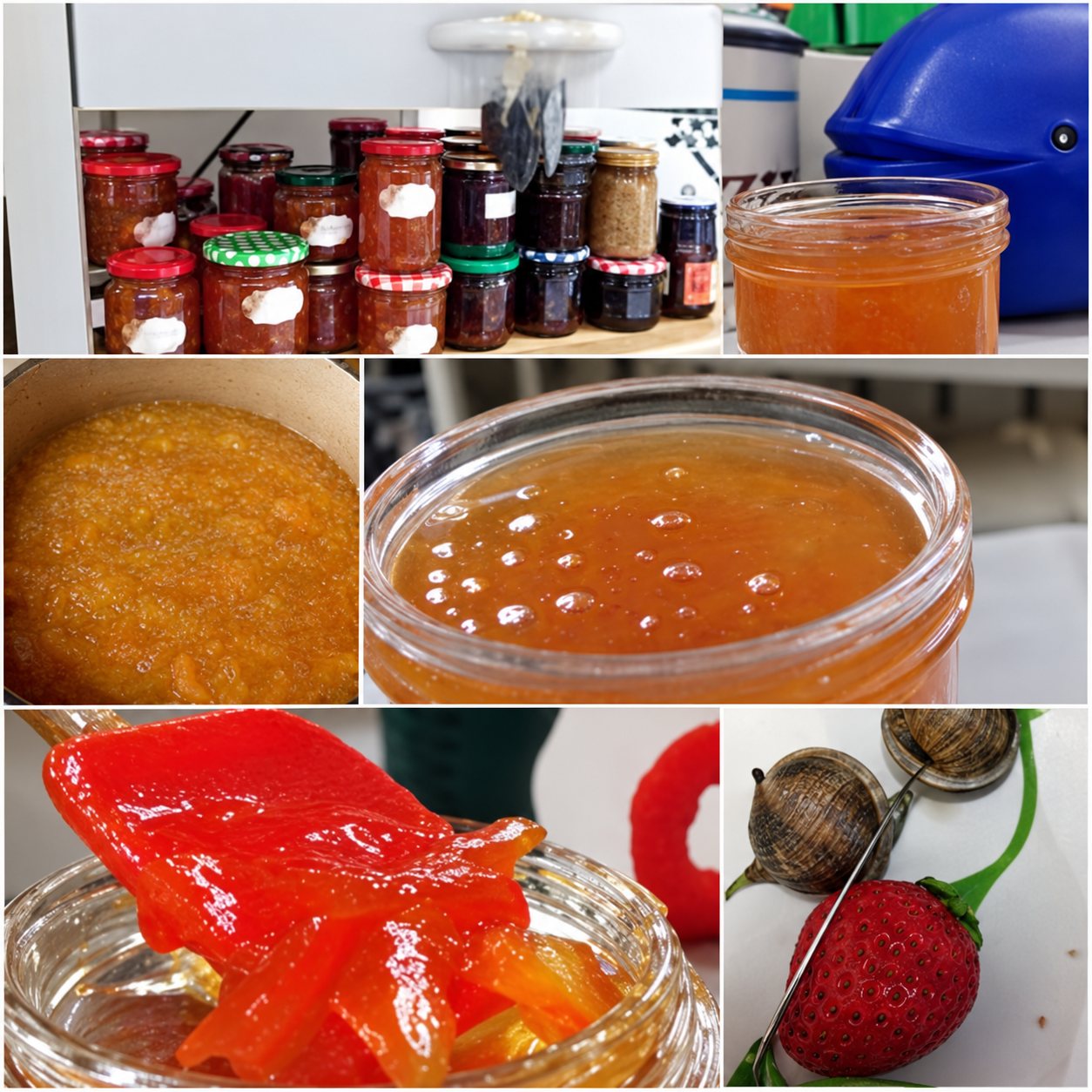 Collage de photos montrant des pots de confiture, de la confiture orange dans un bocal et une fraise.
