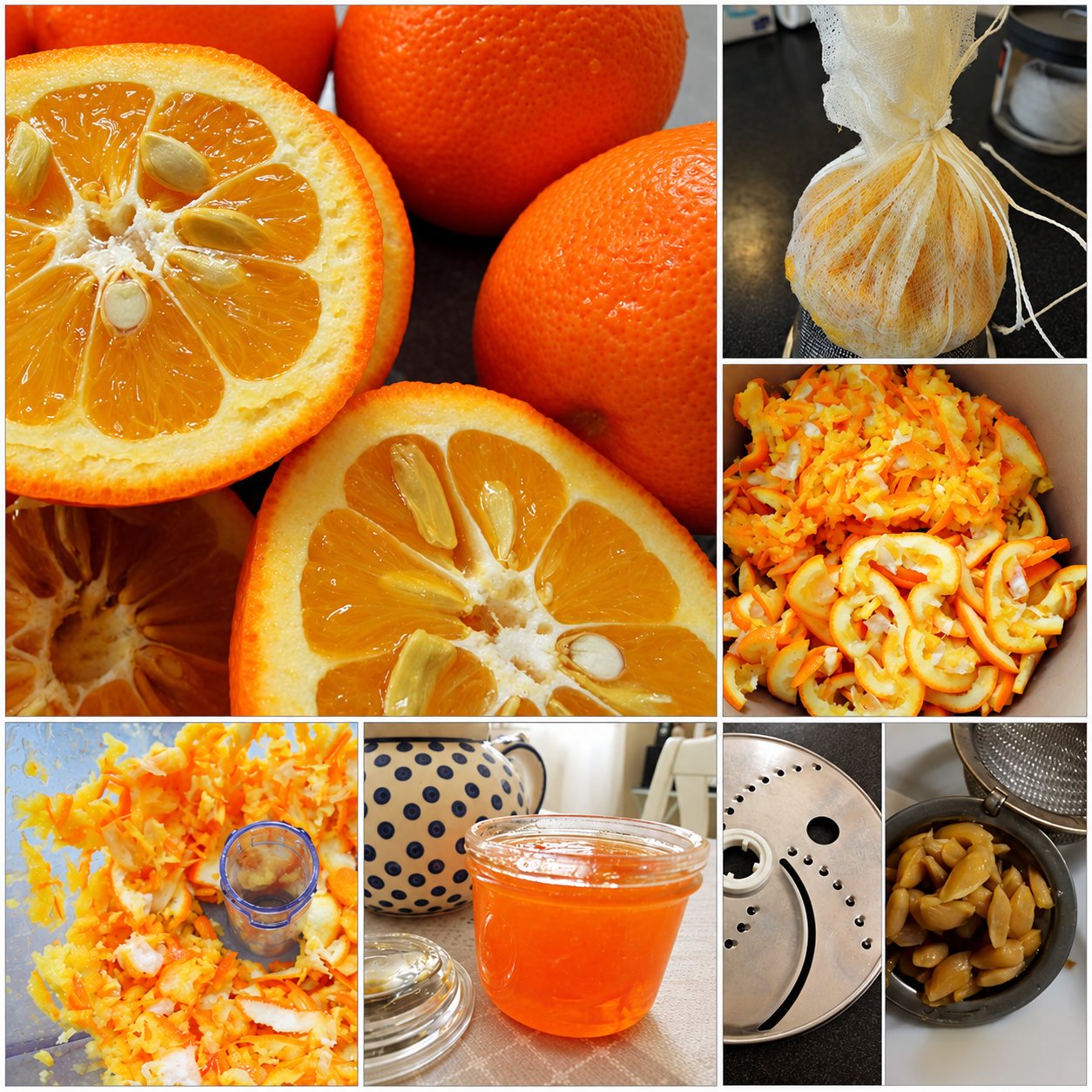 Collage de sept photos montrant des oranges coupées, des zestes râpés, un sachet de mousseline, des pépins et un pot de confiture d'orange.