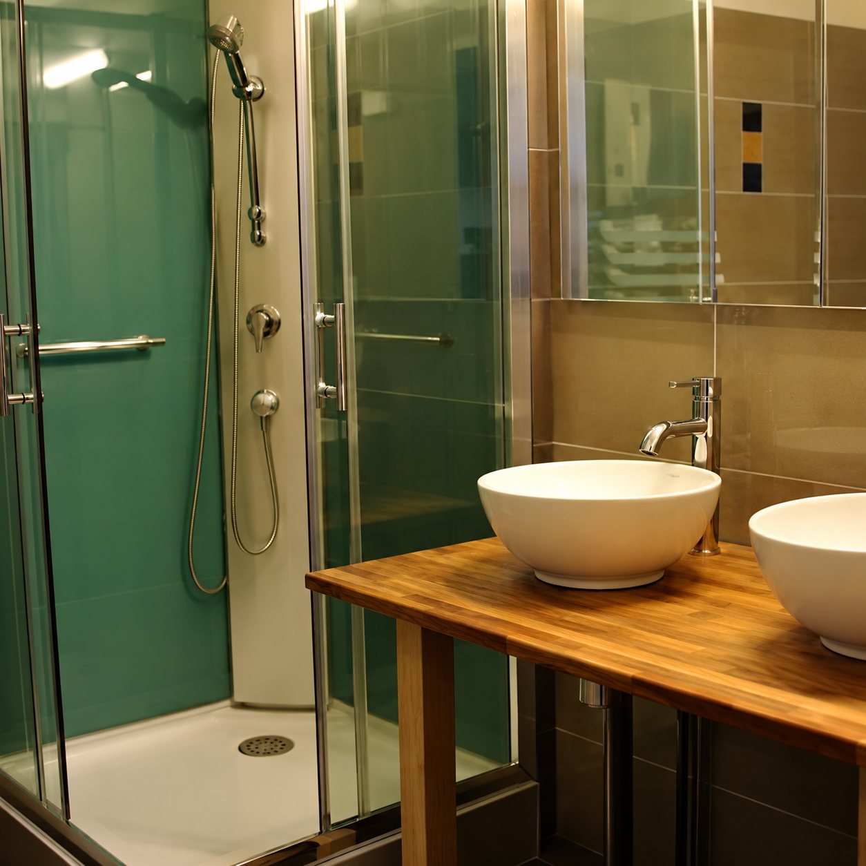 Salle de bain moderne avec une cabine de douche vitrée aux parois vertes et deux vasques rondes blanches posées sur un plan de toilette en bois.
