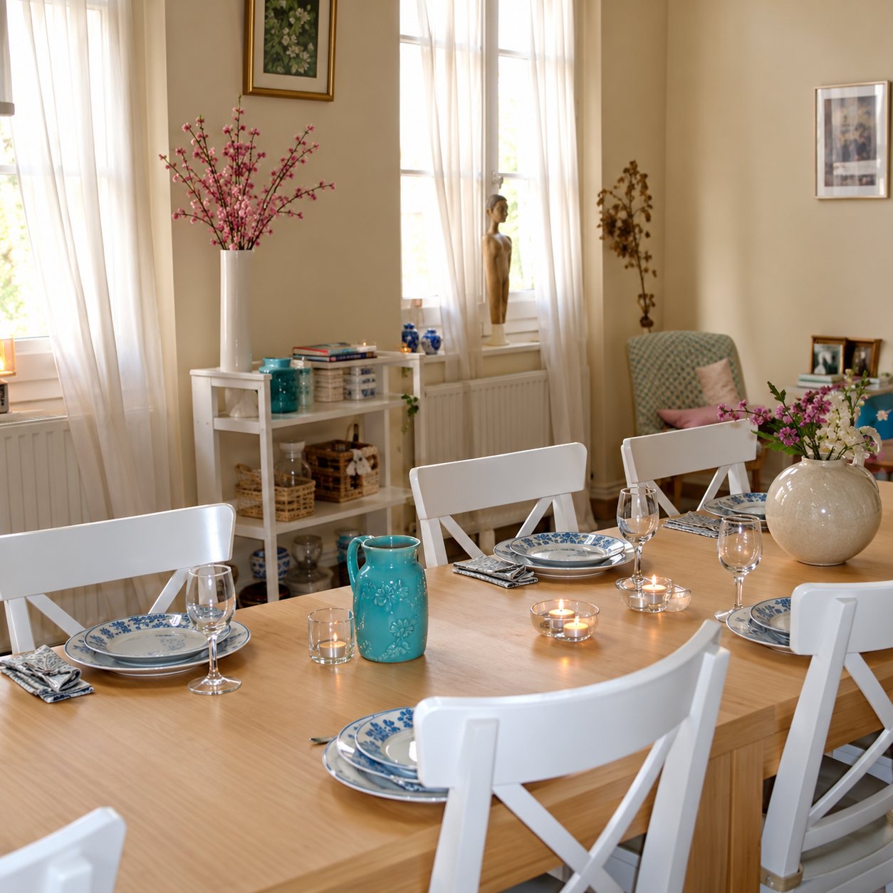 Intérieur lumineux d'un petit restaurant avec des tables dressées, des chaises blanches en bois et des fenêtres au fond.